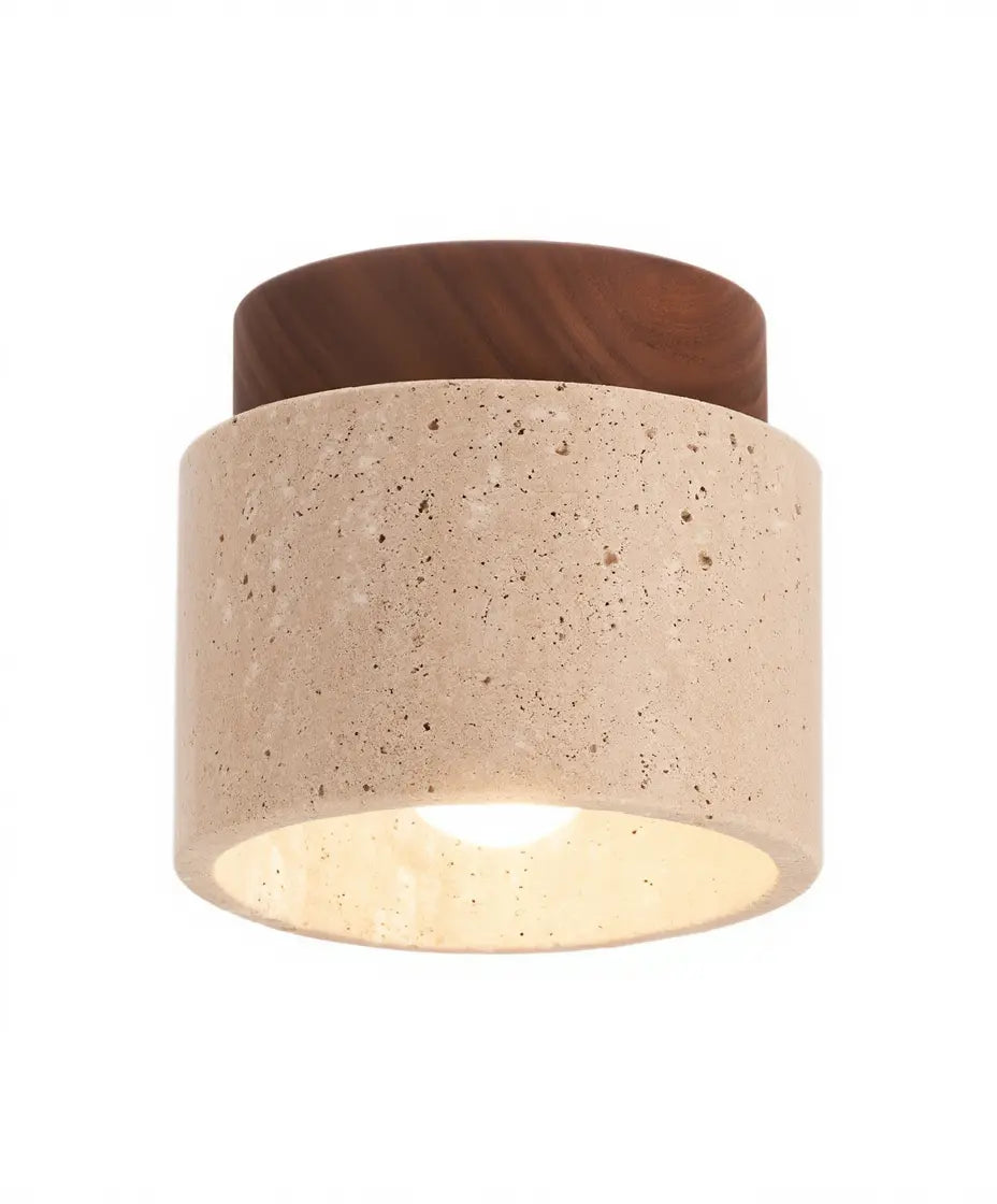 Otium travertine cylinder flush mount light with a wood crown – dark wood variant, another view