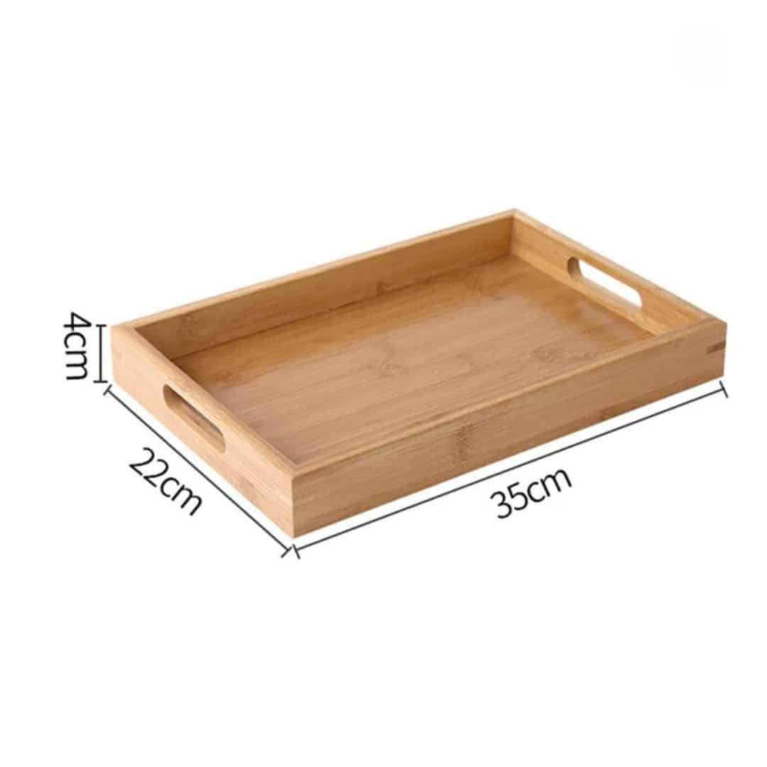 Rectangular bamboo tray with handles and a smooth golden surface – dimensions diagram