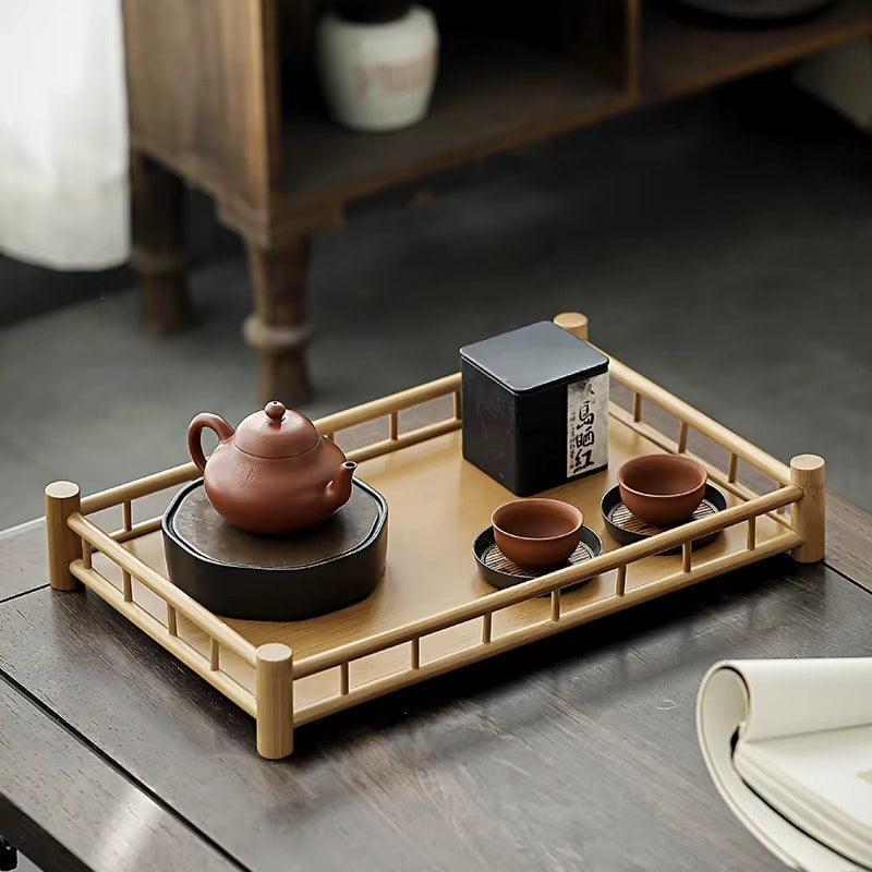 Japanese-inspired rectangular handwoven bamboo tea tray – shown in a room setting