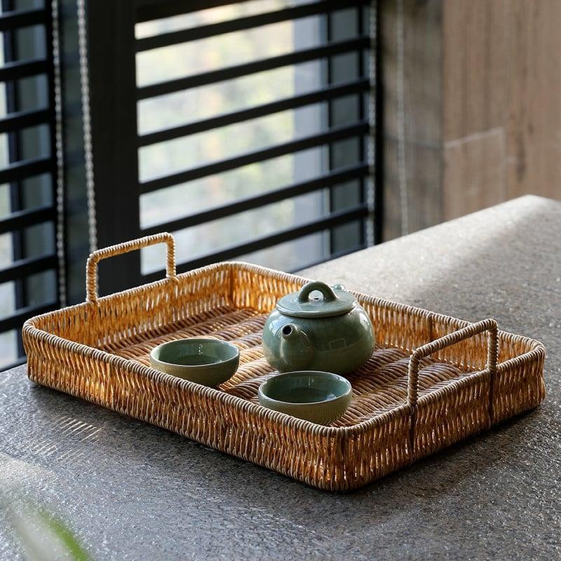 Faux rattan storage tray with sturdy handles – shown in a room setting (2)