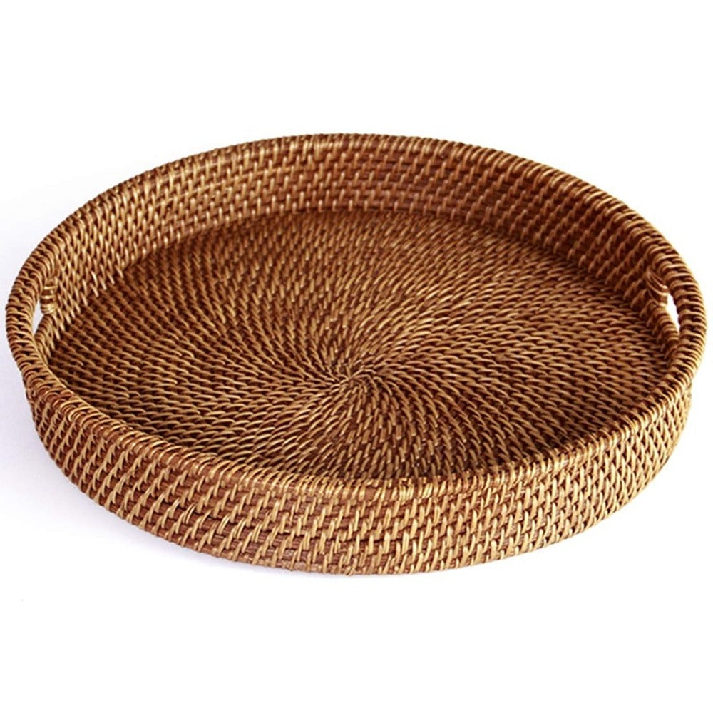 Round woven rattan serving tray with side cutout handles – another view