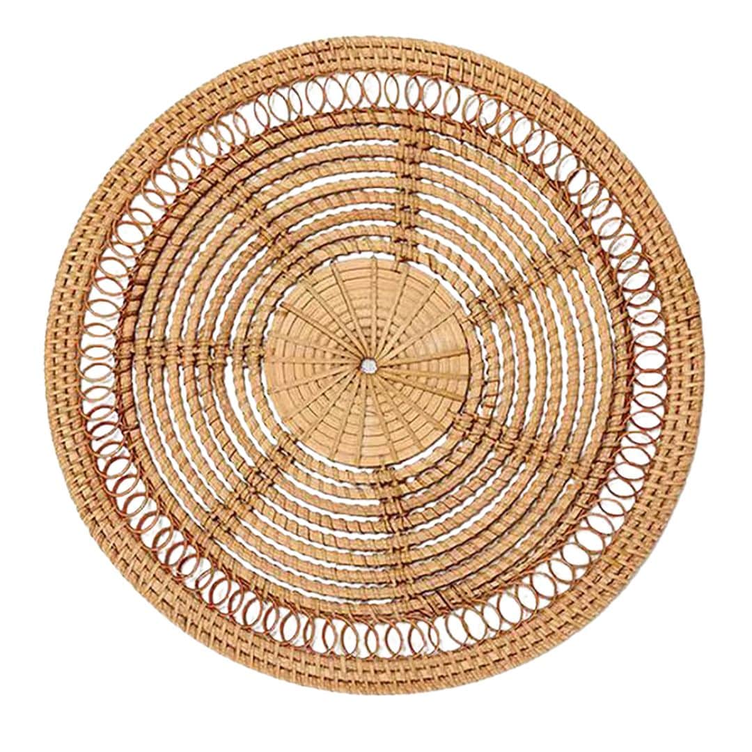 Round pastoral rattan decorative tray in a golden tone