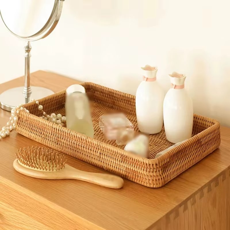 Round woven bamboo tray with a rattan look – shown in a room setting (2)