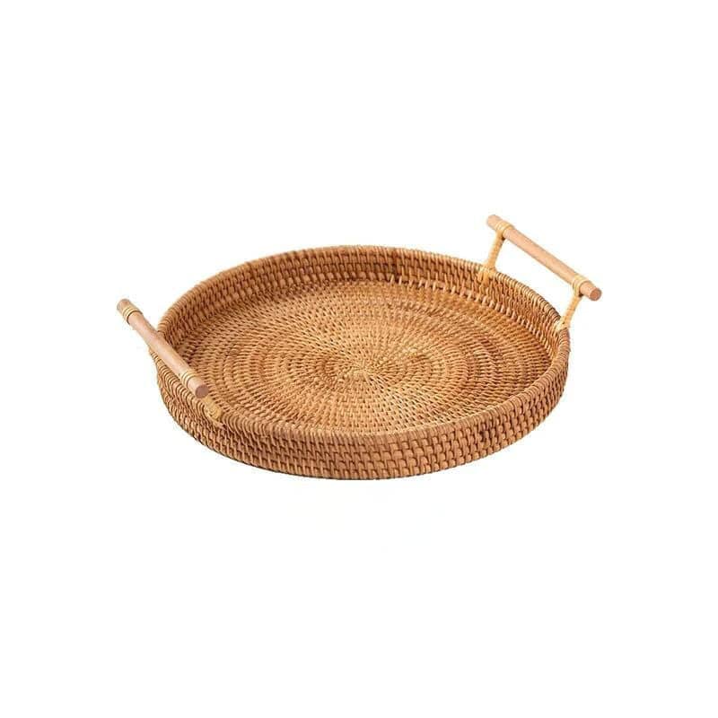 Handwoven rattan serving tray with light wood handles
