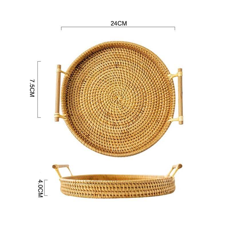 Light beige rattan serving tray with solid wood handles – M variant, dimensions diagram