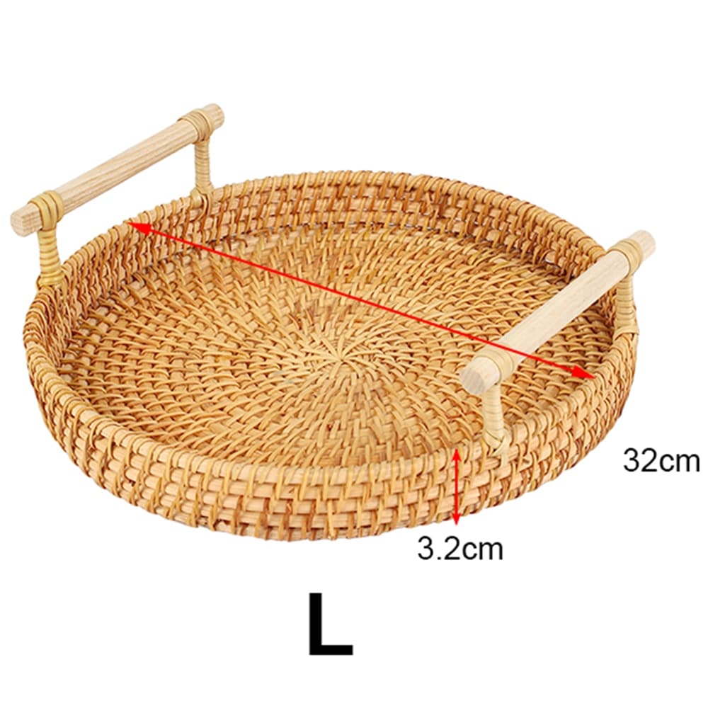 Round hand-braided rattan tray with a curved center handle – dimensions diagram