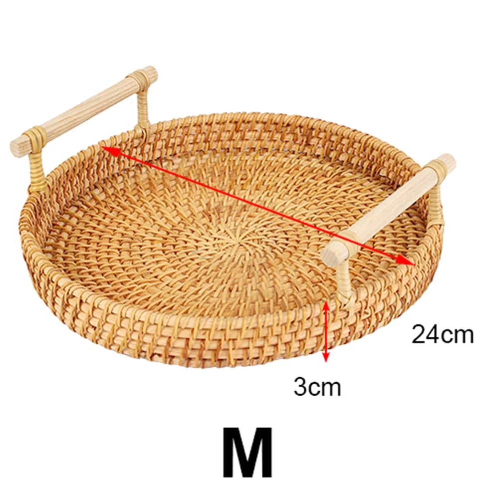 Round hand-braided rattan tray with a curved center handle – M variant, dimensions diagram