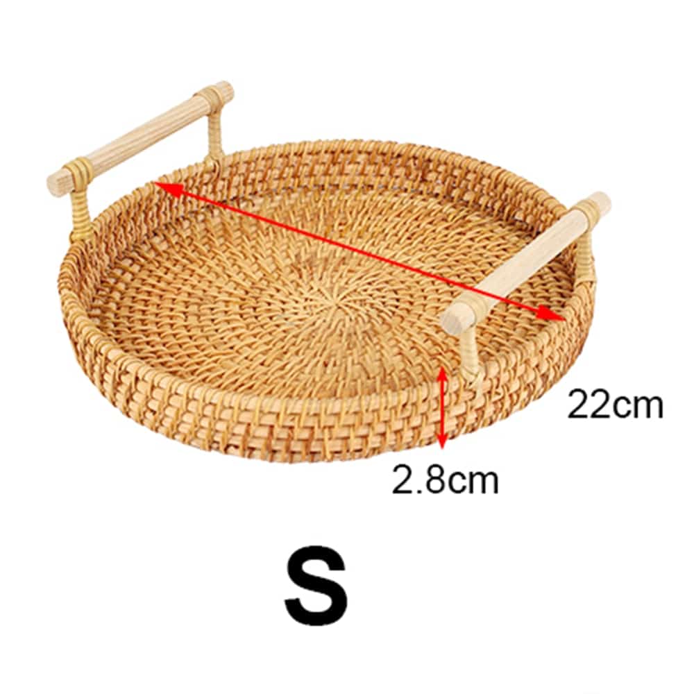 Round hand-braided rattan tray with a curved center handle – S variant, dimensions diagram