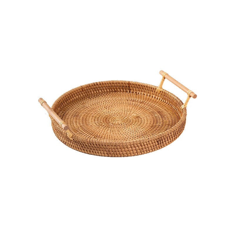 Round rattan tray with solid wood handles