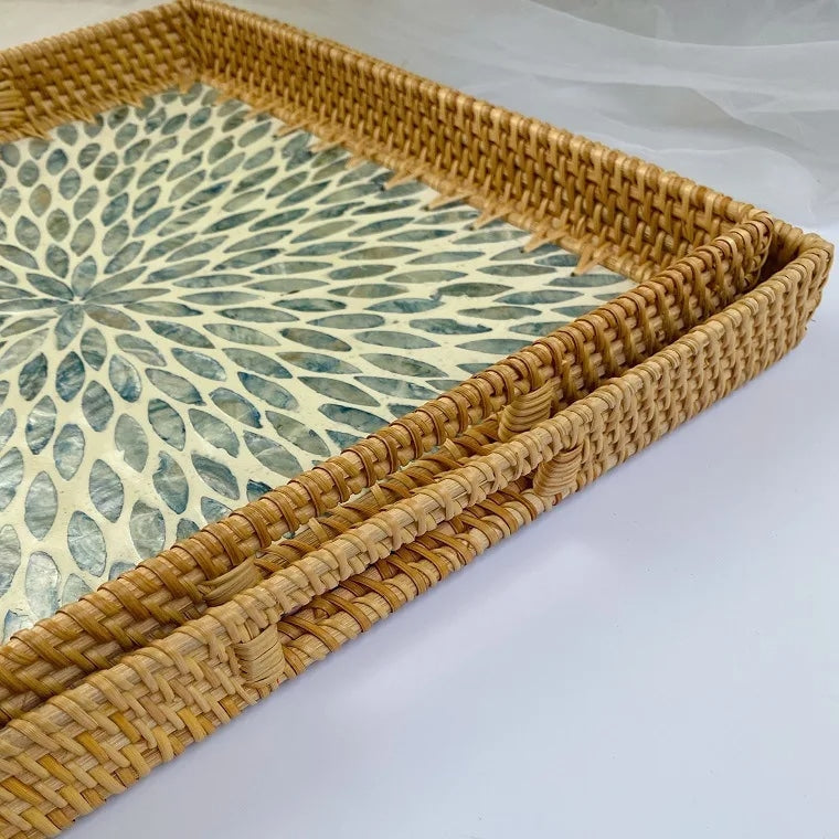 Rattan tray with a modern blue graphic print – close-up detail