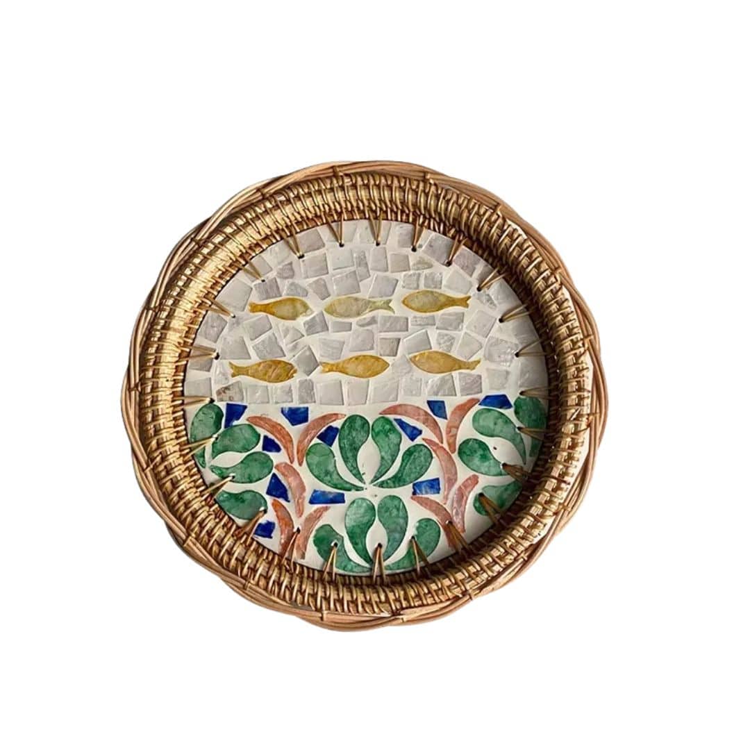 Hand-braided rattan tray with a vivid fish print