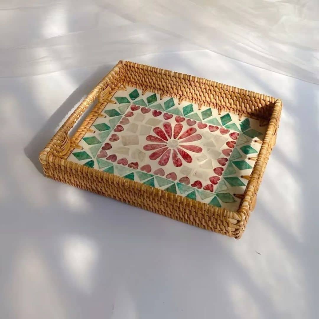 Rectangular rattan tray with a bright red floral base – another view