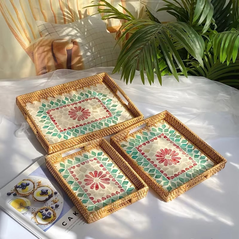 Rectangular rattan tray with a bright red floral base – multiple views
