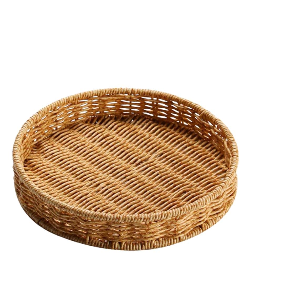 Boho round rattan tray in golden beige