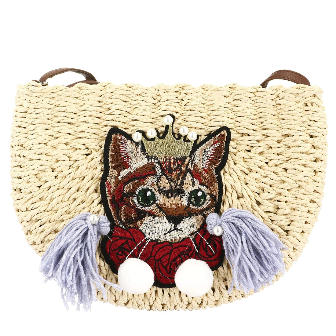 Woven rattan clutch with a cat motif – beige variant