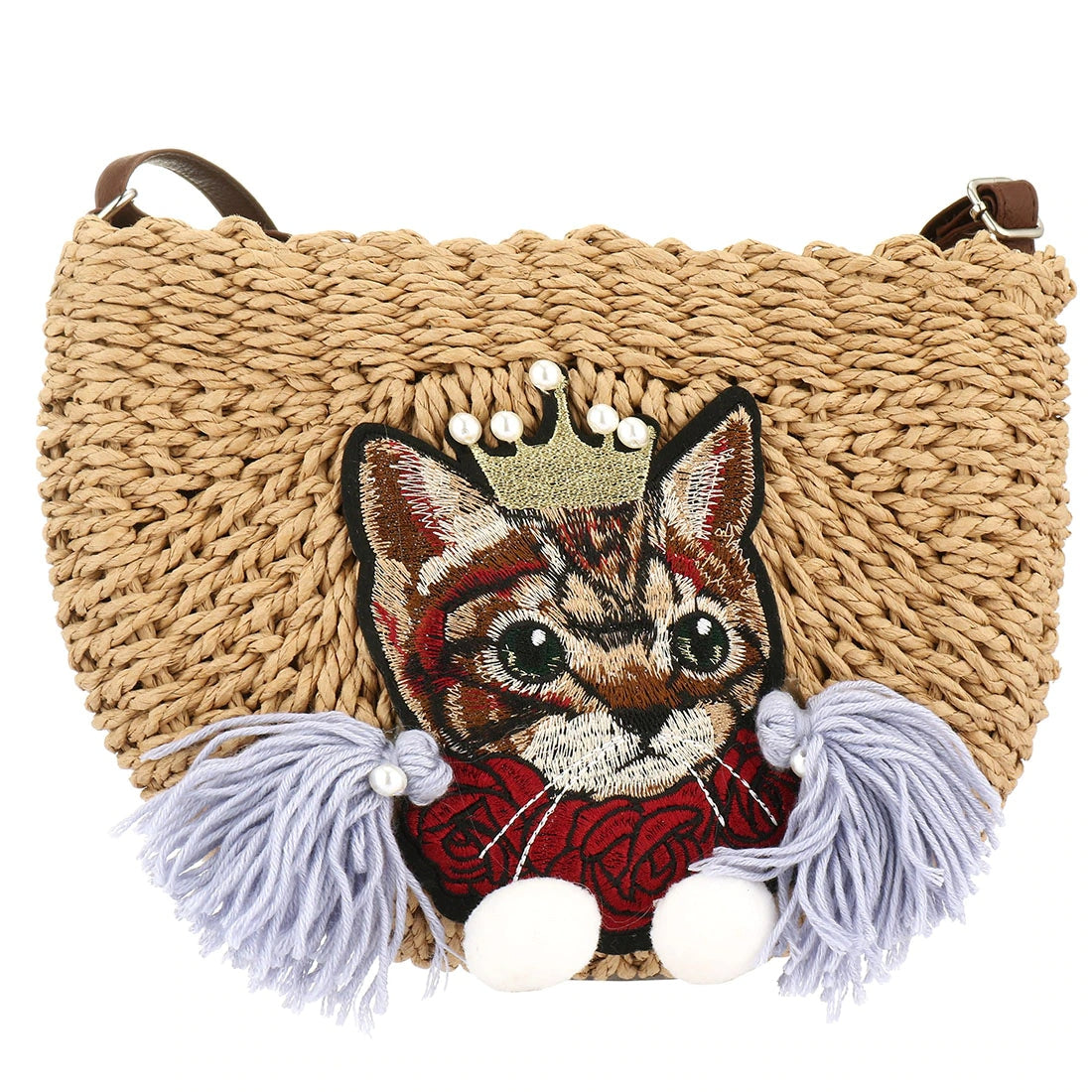 Woven rattan clutch with a cat motif – brown variant, another view