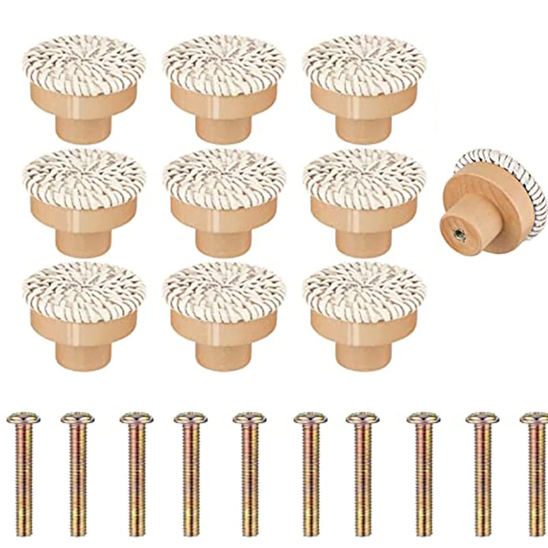 Beige cabinet pull with rattan tightly wrapped around a wood core – 10 variant, multiple views