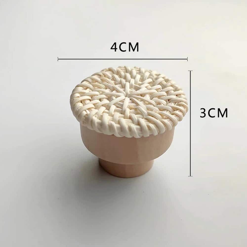Beige cabinet pull with rattan tightly wrapped around a wood core – dimensions diagram