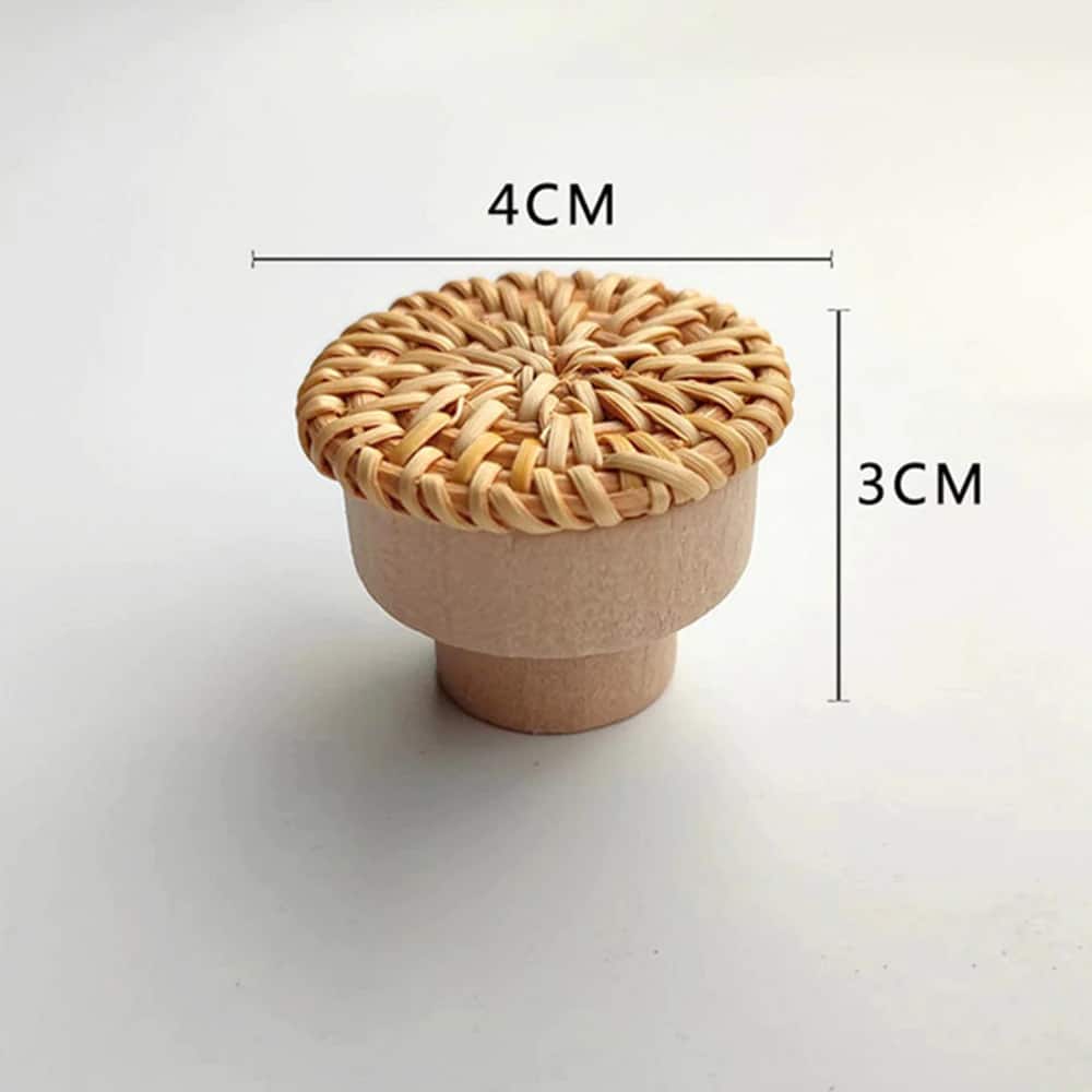Natural wood and braided rattan drawer pull with soft curves – dimensions diagram