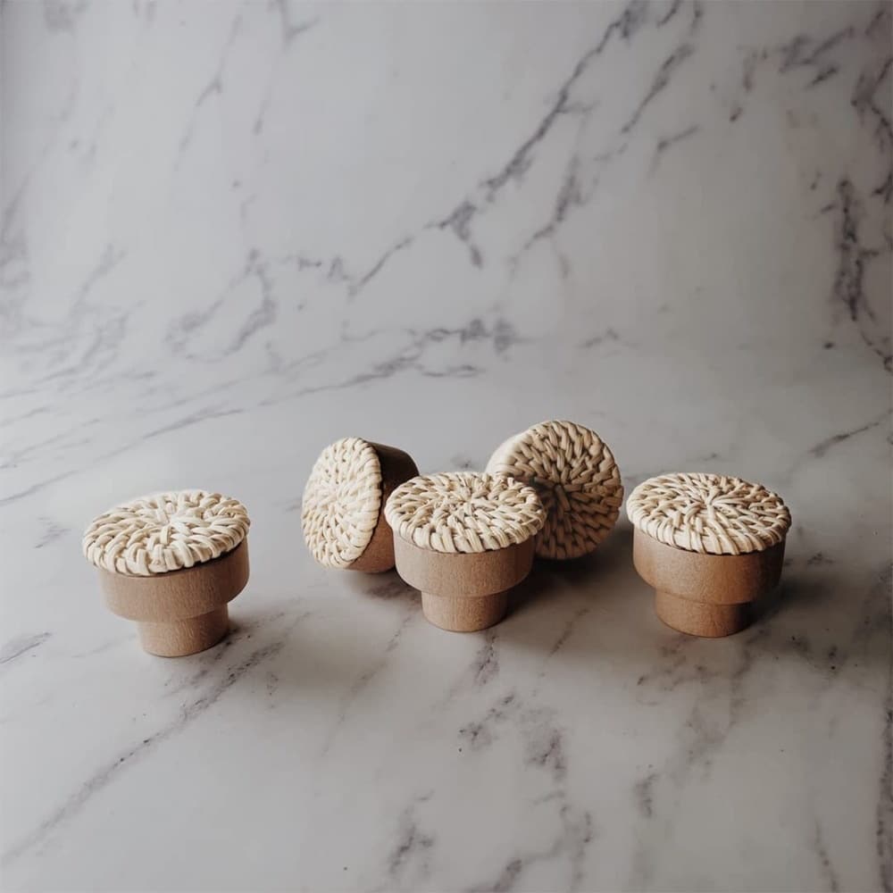 Set of ten beech and white rattan knobs – multiple views