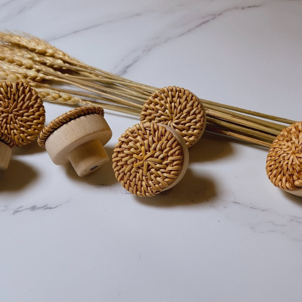 Set of ten beech and natural rattan knobs – multiple views (2)