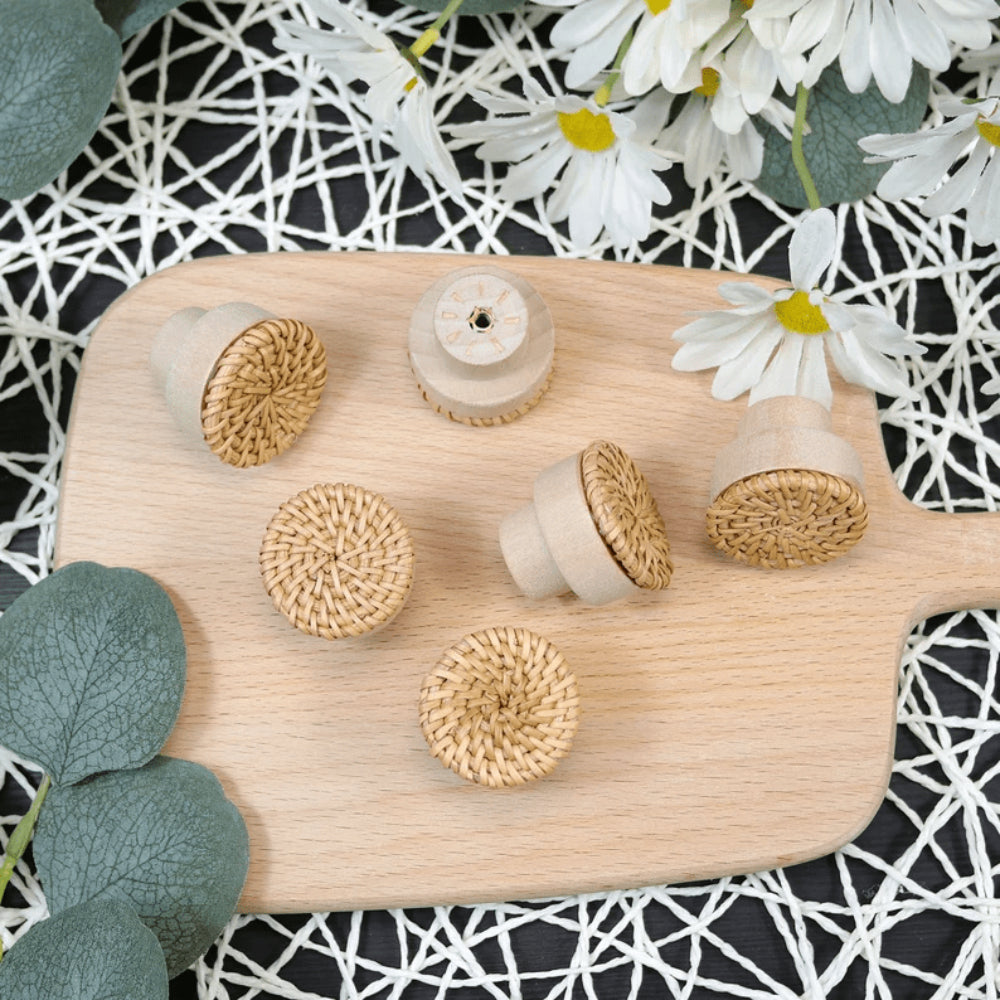 Set of ten beech and natural rattan knobs – multiple views