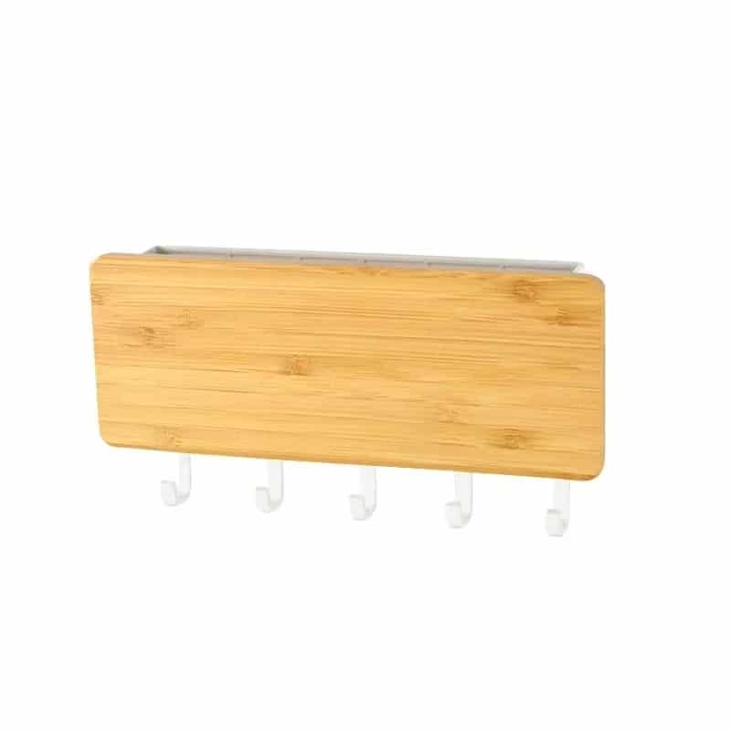 Natural wood wall key holder with five white hooks