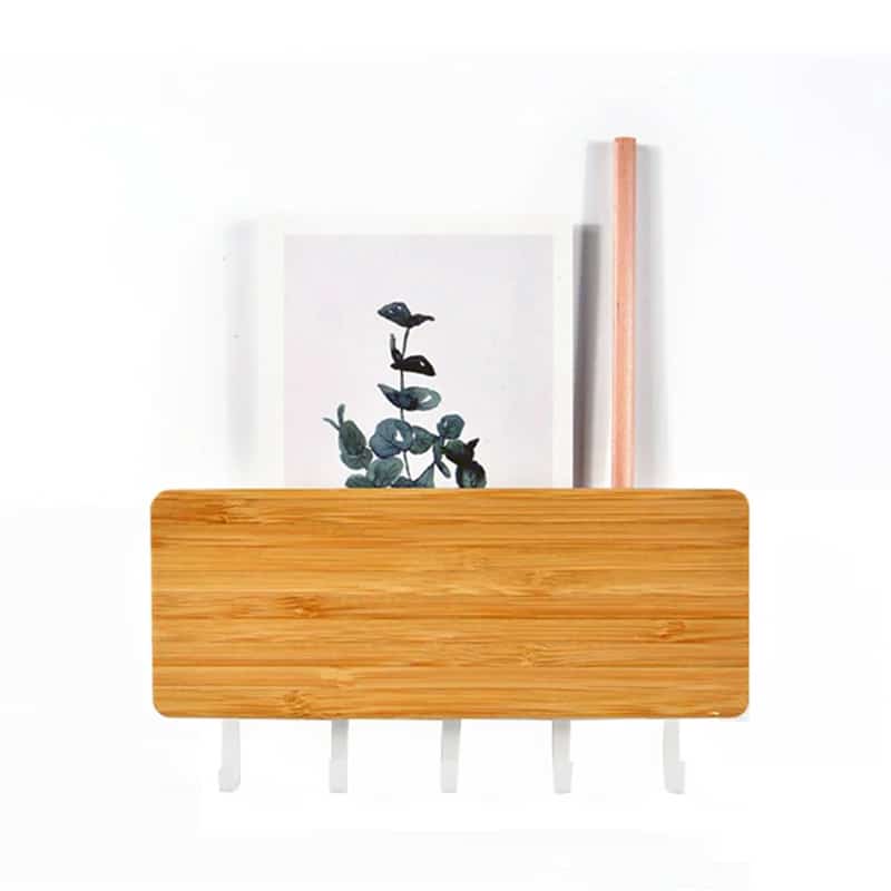 Natural wood wall key holder with five white hooks – another view