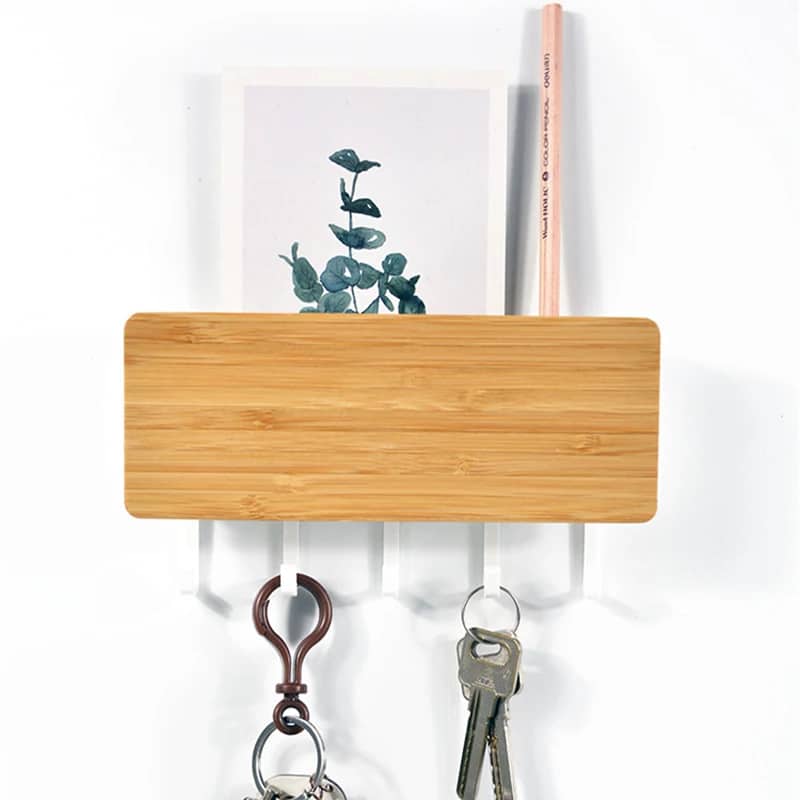 Natural wood wall key holder with five white hooks – another view (2)