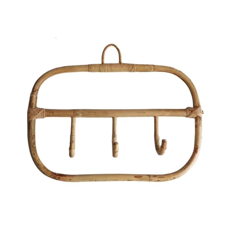 Rectangular natural rattan coat rack with three braided hooks – another view