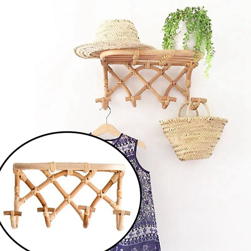 Crossed rattan wall coat rack with a top shelf and four hooks – multiple views