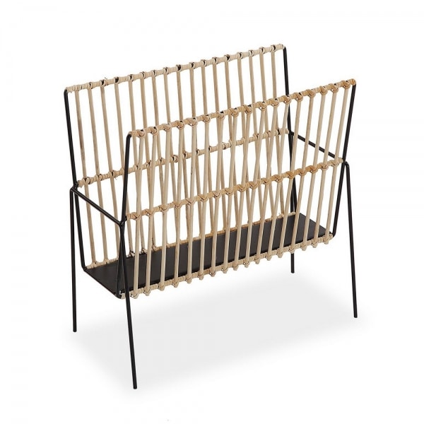 Brushed gold metal magazine rack with two handwoven rattan baskets