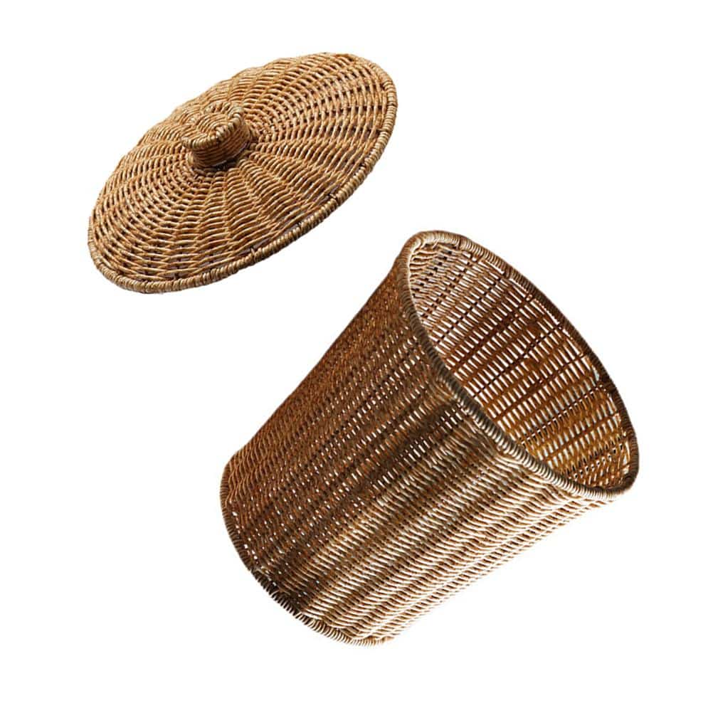 Compact hand-braided rattan trash can with a fitted lid – another view