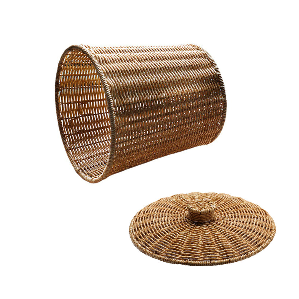 Compact hand-braided rattan trash can with a fitted lid – multiple views