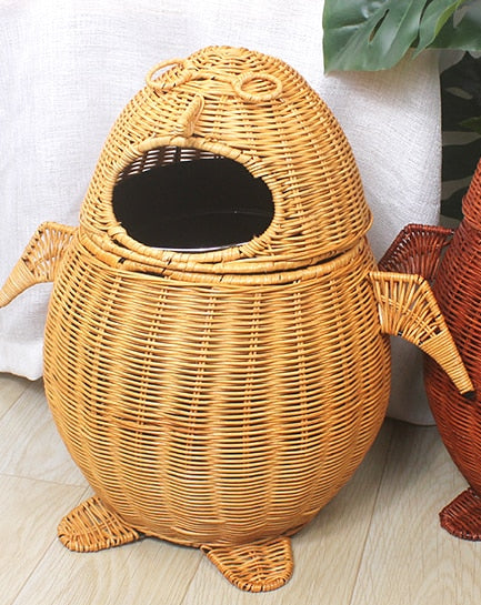 Penguin-shaped rattan and bamboo wastebasket