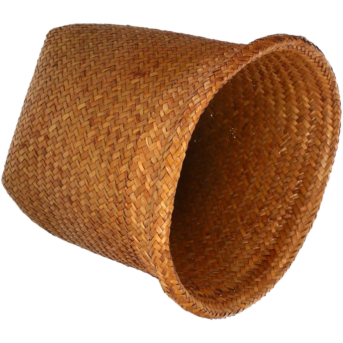 Retro handwoven rattan wastebasket in warm brown – another view