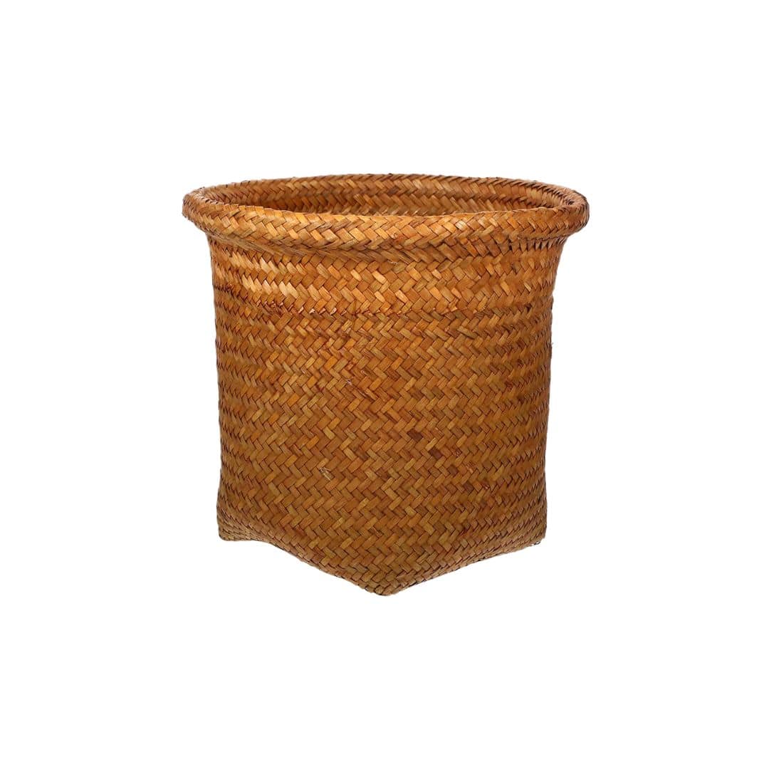 Retro handwoven rattan wastebasket in warm brown