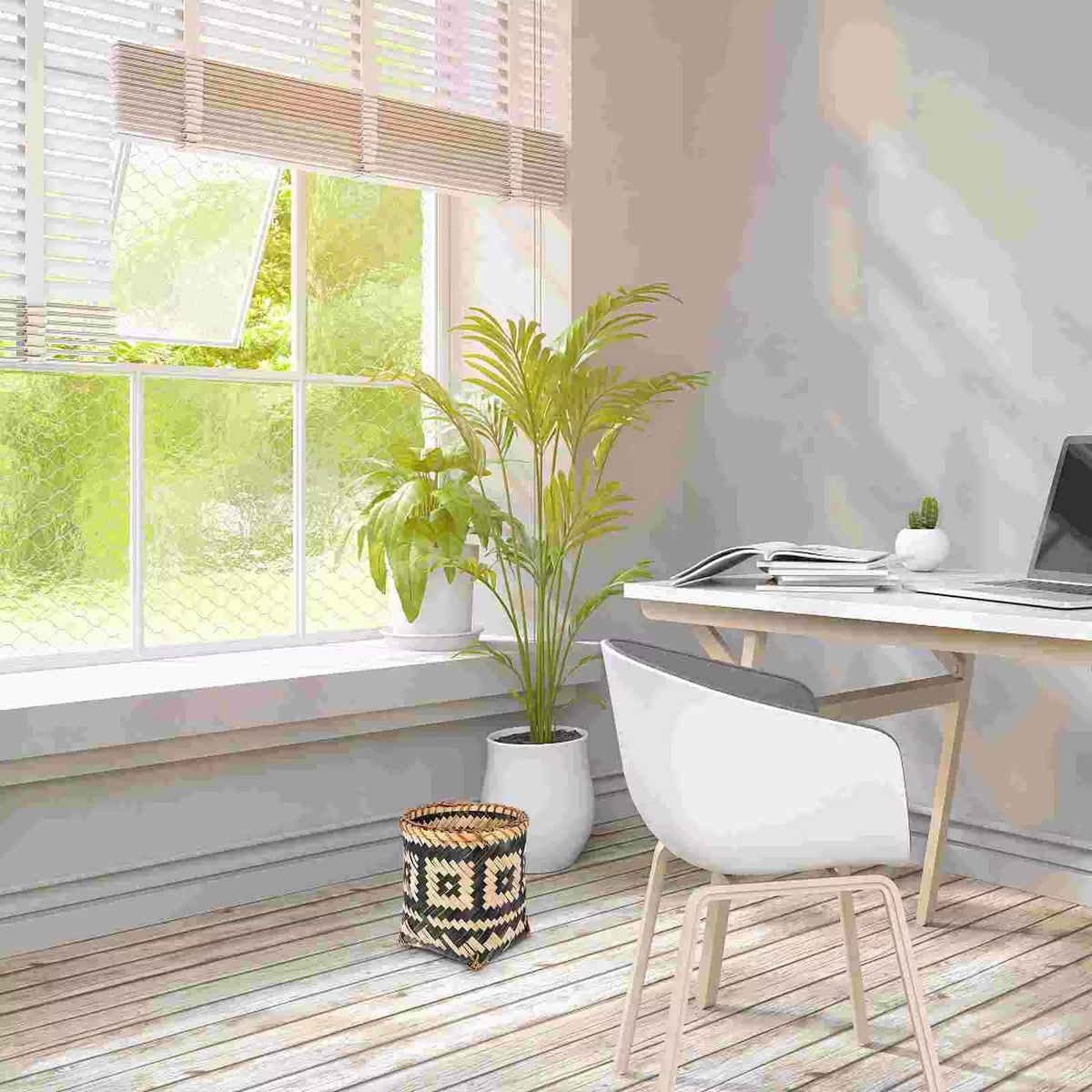 Cylindrical woven wastebasket with a beige and dark geometric pattern – shown in a room setting