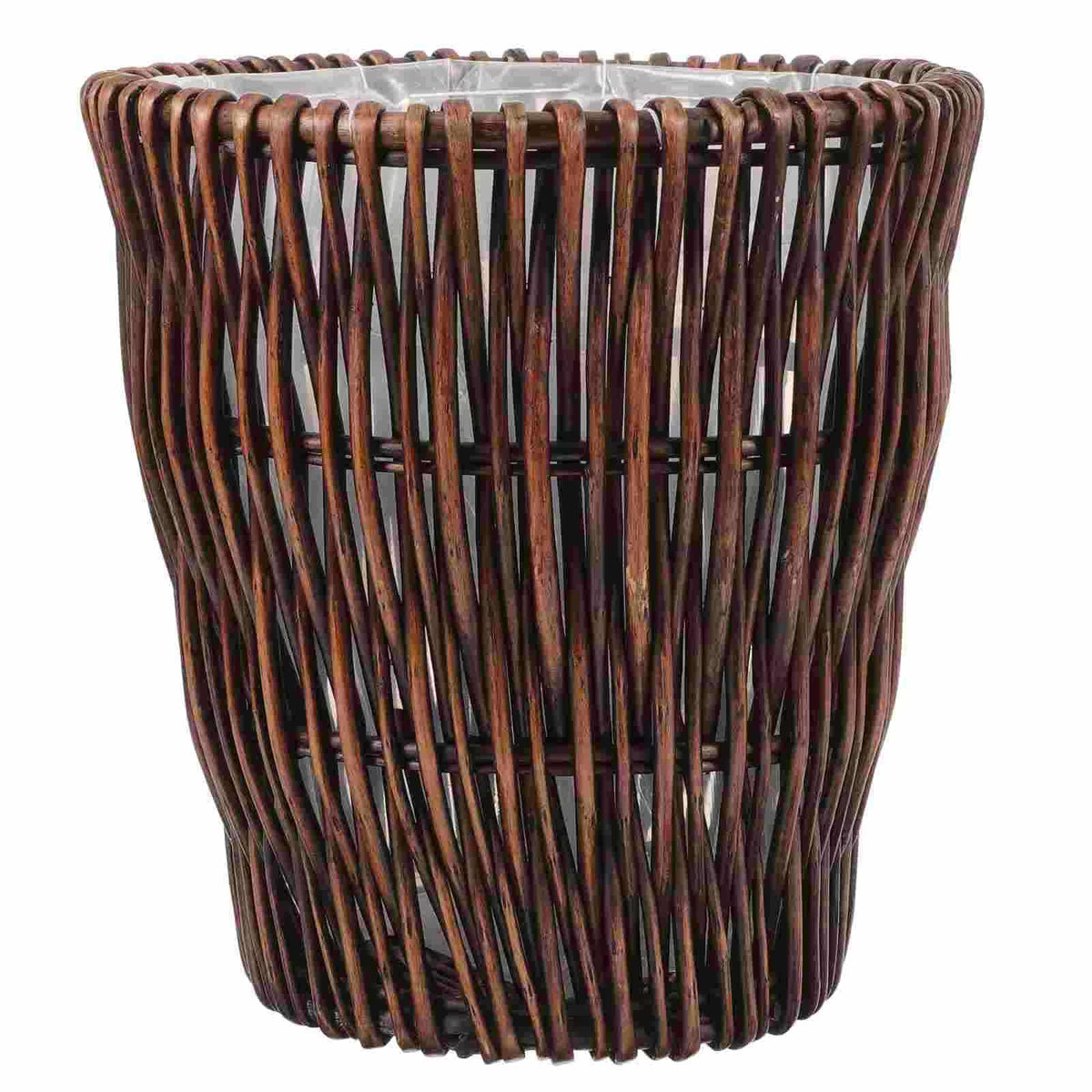 Vintage-style natural rattan wastebasket with golden highlights – another view