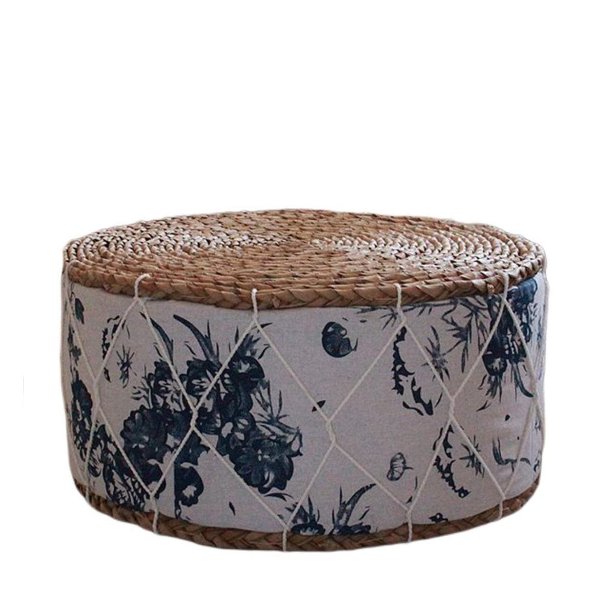 Round pouf with green botanical motifs woven on a white ground