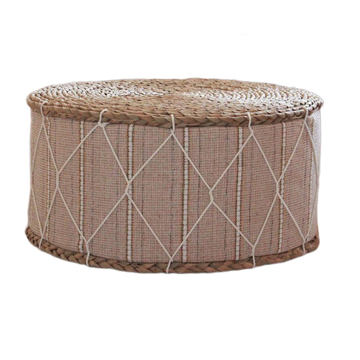 Round beige pouf with a hand-braided rattan frame