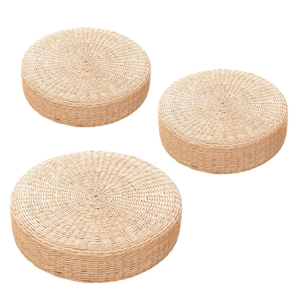Round hand-braided natural rattan pouf – multiple views