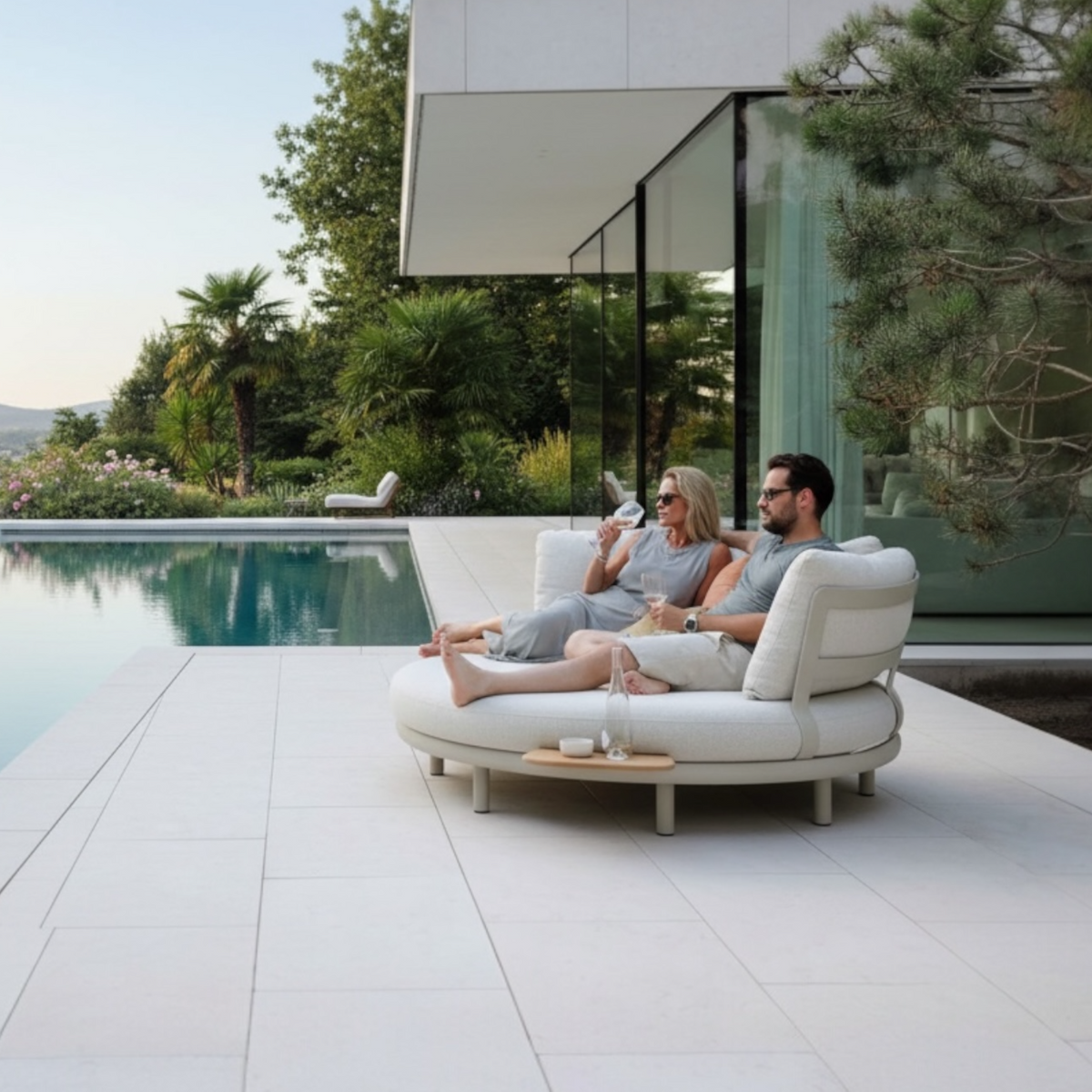 Rosa round aluminum outdoor daybed for two – shown outdoors
