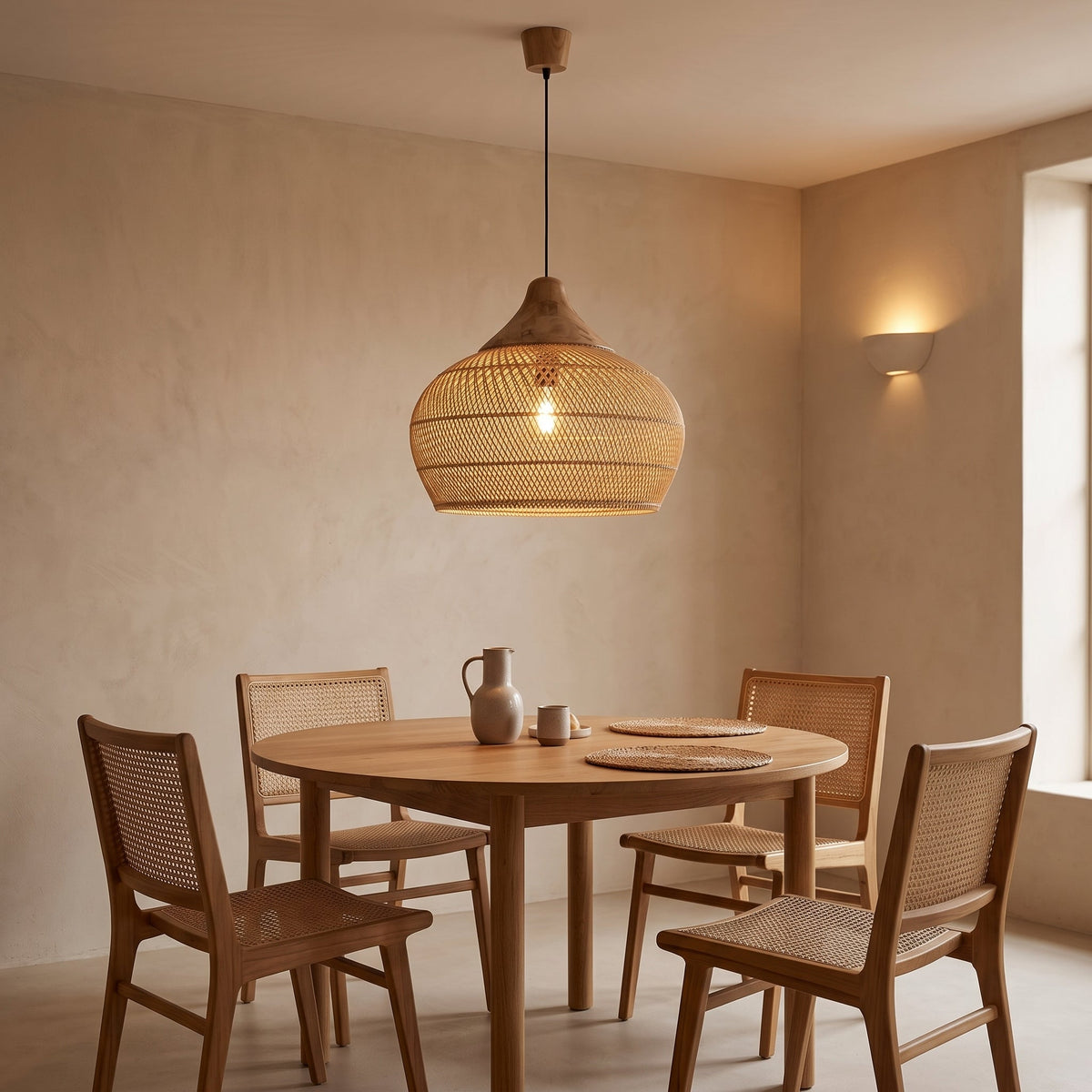 Rounded rattan pendant light with wood cap – shown in a room setting