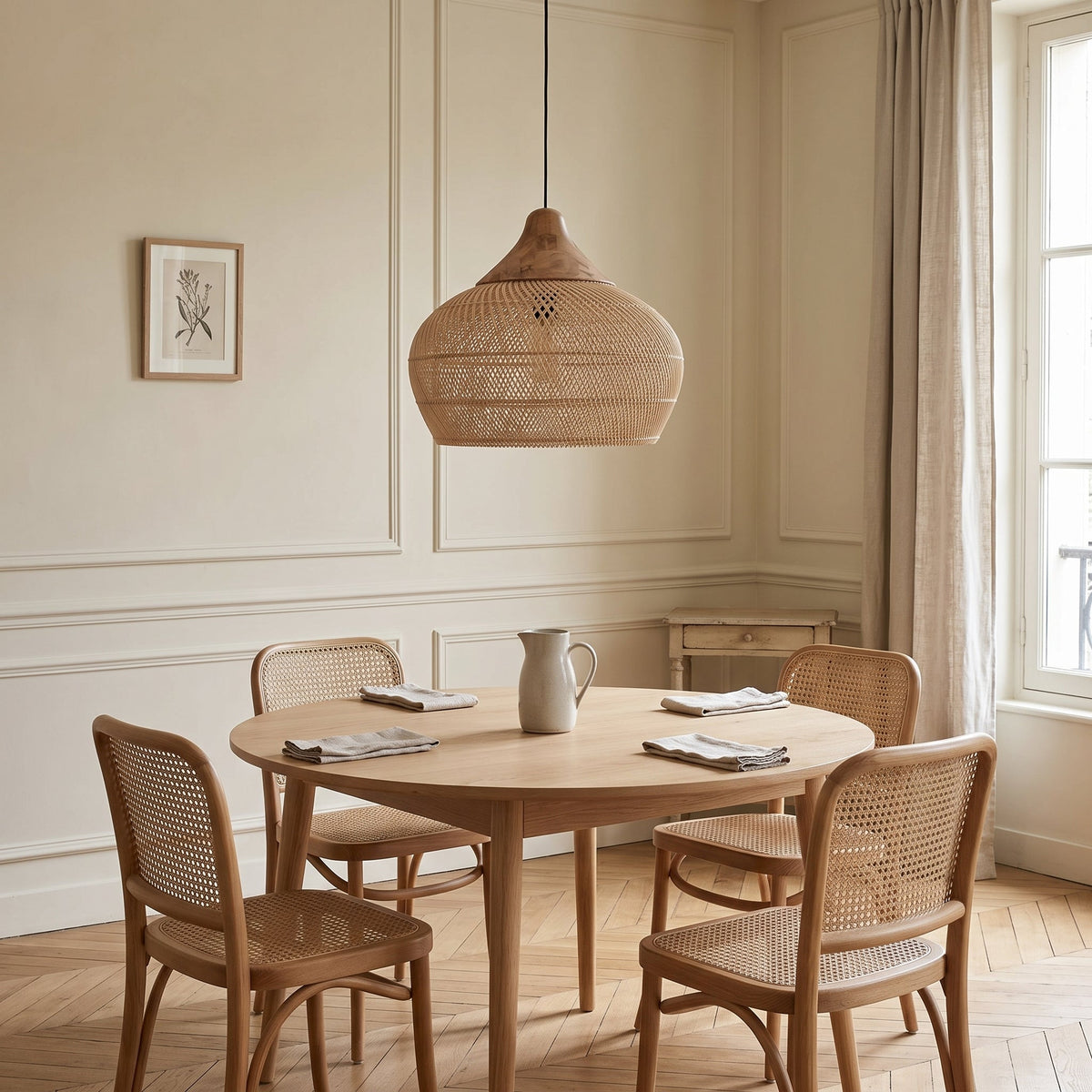 Rounded rattan pendant light with wood cap – shown in a room setting (2)