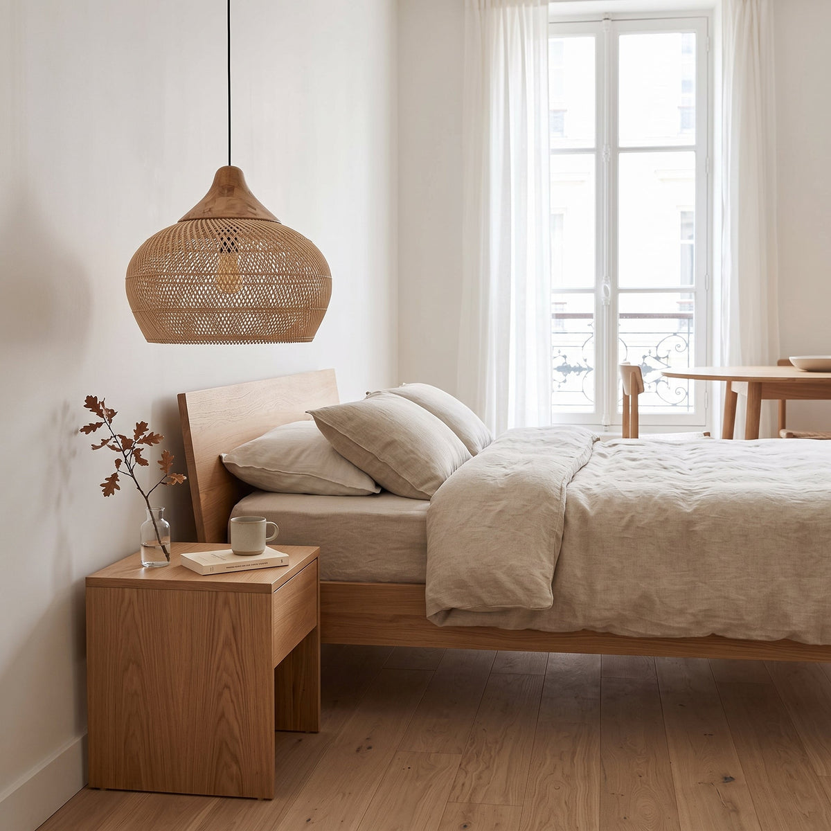 Rounded rattan pendant light with wood cap – shown in a room setting (4)