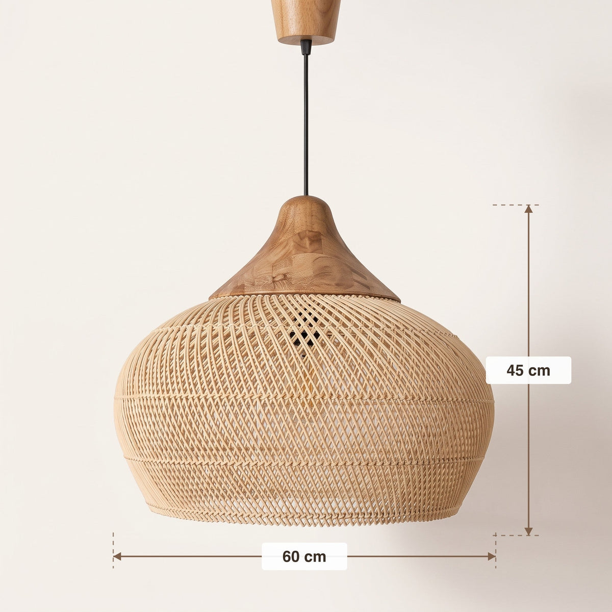 Rounded rattan pendant light with wood cap – dimensions diagram