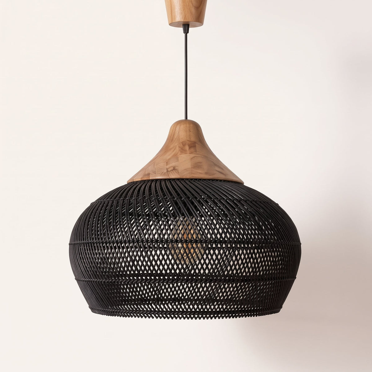 Black rattan pendant light with natural wood cap