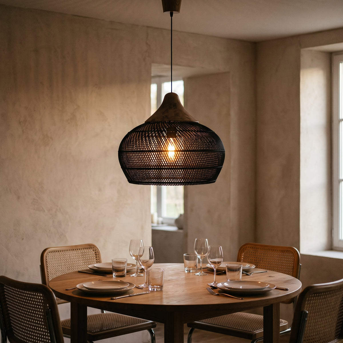 Black rattan pendant light with natural wood cap – shown in a room setting