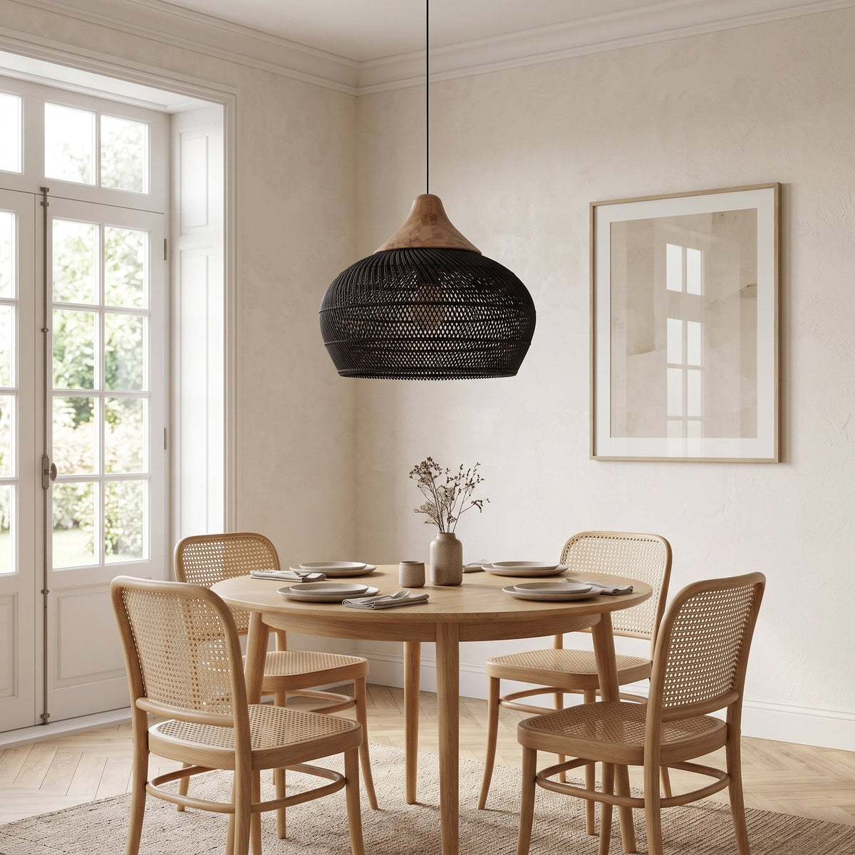 Black rattan pendant light with natural wood cap – shown in a room setting (2)